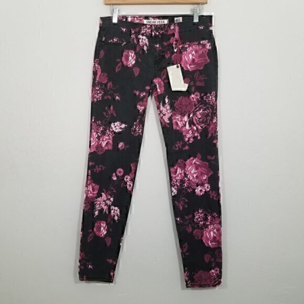 NWT Sneak Peek Floral Skinny Floral Jeans Stretch Black and Pink Pants Size 11